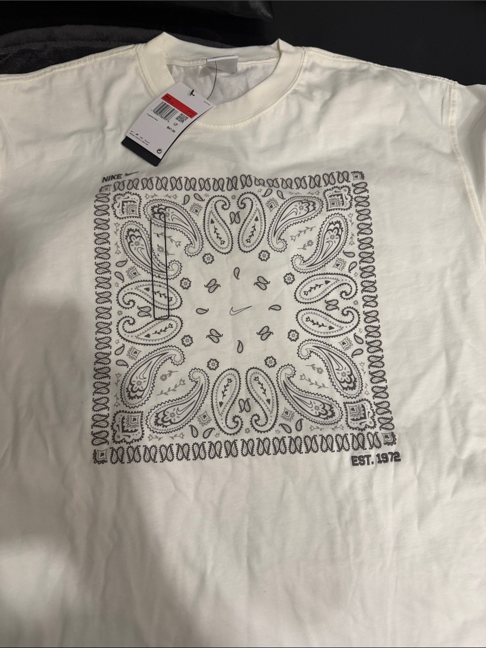 Nike White Short-Sleeve Paisley Graphic Tee with Black Print